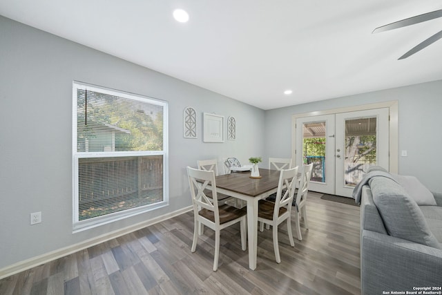 dining room with french doors, ceiling fan, and hardwood / wood-style flooring