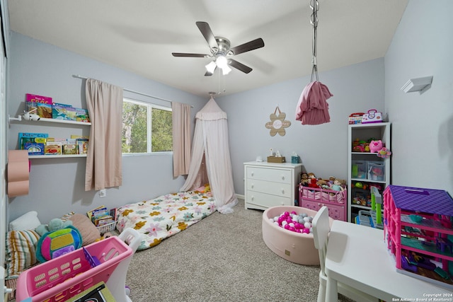 recreation room featuring carpet flooring and ceiling fan