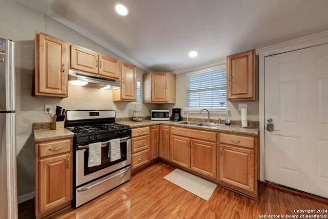 kitchen with crown molding, sink, light wood-type flooring, and stainless steel gas stove