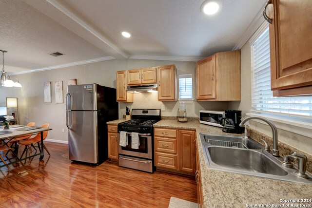 kitchen with crown molding, appliances with stainless steel finishes, sink, and decorative light fixtures