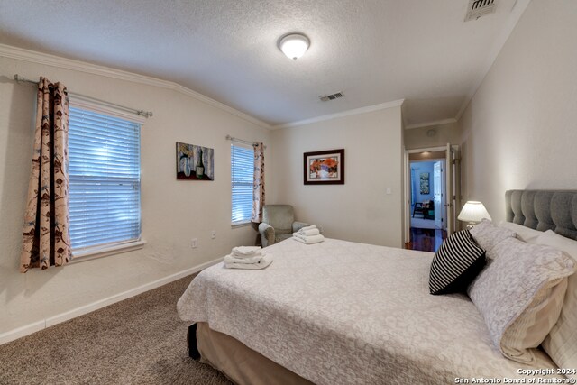 bedroom with crown molding, a textured ceiling, and carpet