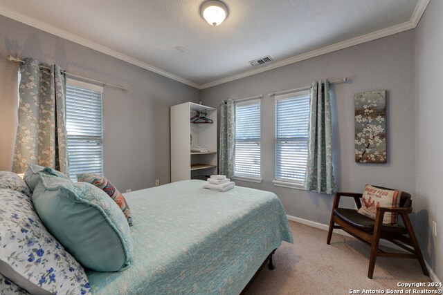 bedroom with crown molding and carpet floors