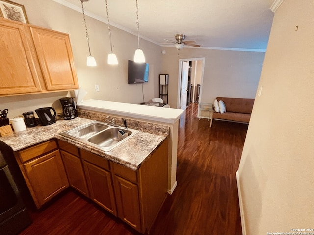 kitchen featuring sink, hanging light fixtures, kitchen peninsula, crown molding, and dark wood-type flooring