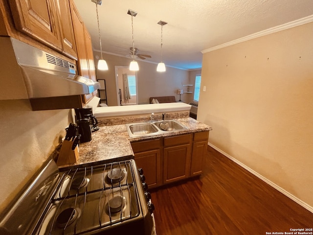 kitchen with pendant lighting, sink, crown molding, dark wood-type flooring, and stove