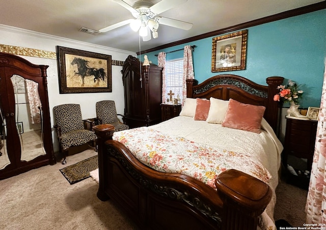 bedroom featuring ceiling fan, ornamental molding, and light colored carpet