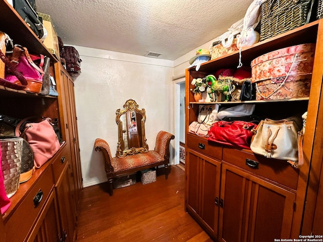 mudroom with a textured ceiling and dark wood-type flooring