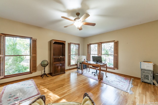 office space featuring light wood-type flooring and ceiling fan