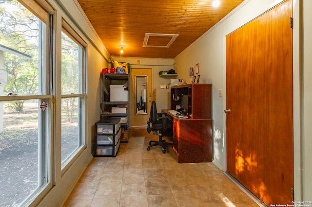 home office featuring wood ceiling