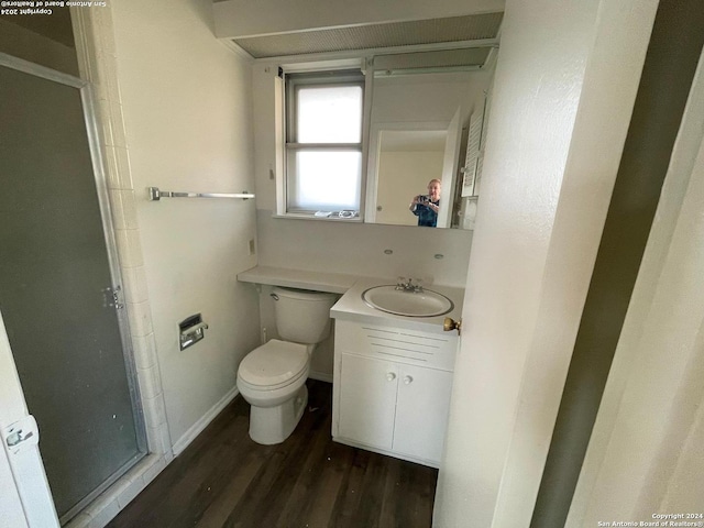 bathroom with vanity, toilet, wood-type flooring, and a shower with door