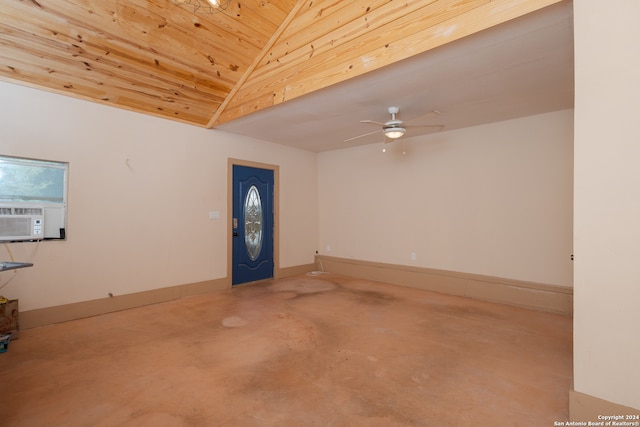 interior space with wood ceiling, cooling unit, concrete flooring, ceiling fan, and lofted ceiling