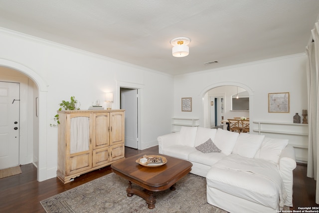 living room with dark wood-type flooring, ornamental molding, and a textured ceiling