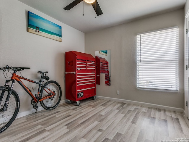 interior space with light hardwood / wood-style floors, multiple windows, and ceiling fan