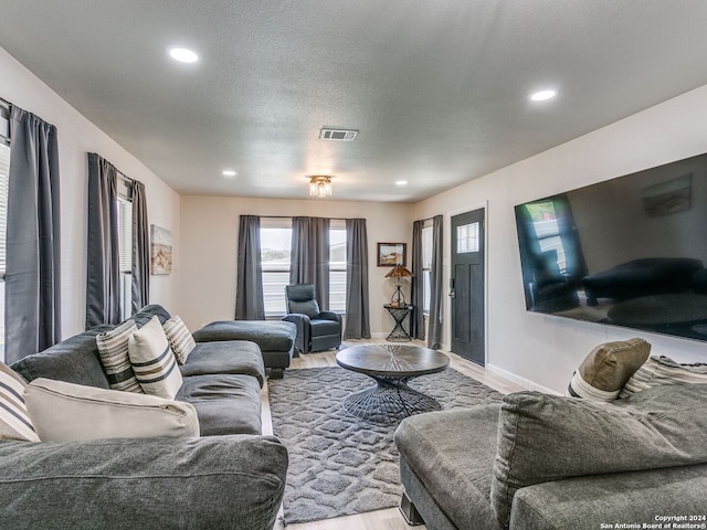 living room featuring light hardwood / wood-style flooring and a textured ceiling