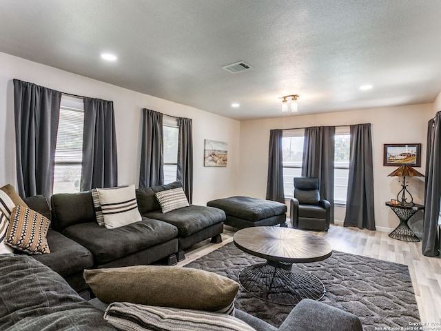 living room featuring a textured ceiling and light wood-type flooring