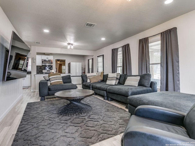 living room with light hardwood / wood-style flooring and a textured ceiling