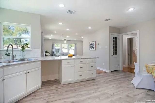 kitchen with white cabinetry, sink, backsplash, kitchen peninsula, and light wood-type flooring