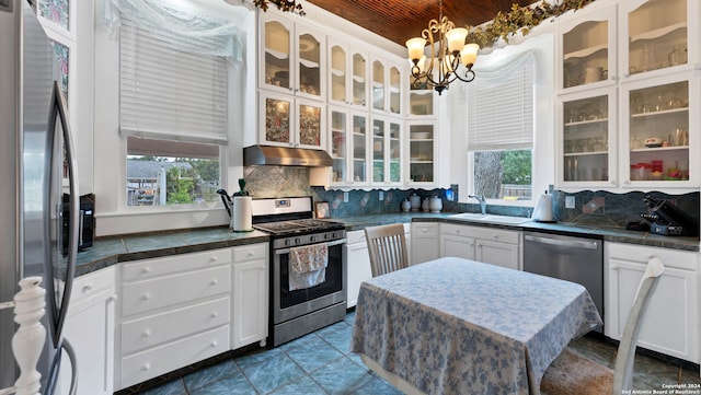 kitchen with appliances with stainless steel finishes, decorative backsplash, white cabinets, and plenty of natural light