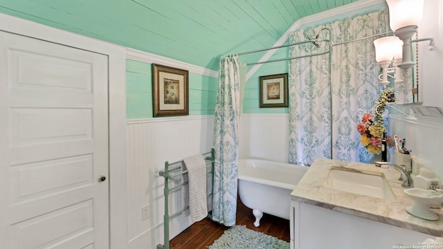 bathroom with lofted ceiling, wooden ceiling, wood-type flooring, shower / bath combo, and vanity