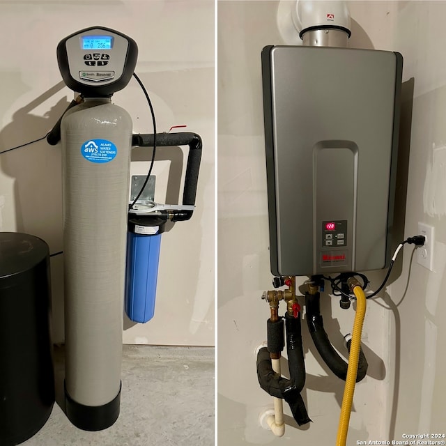 utility room with tankless water heater