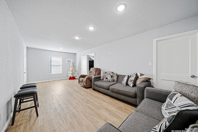 living room featuring a textured ceiling and hardwood / wood-style flooring