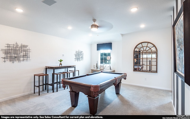 playroom with pool table, light colored carpet, and ceiling fan