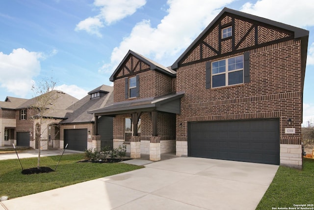 view of front facade featuring covered porch, concrete driveway, and brick siding