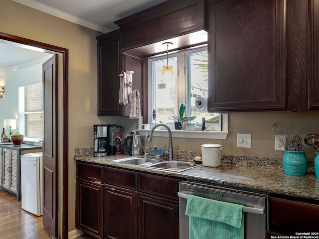414 E Hathaway Dr, San Antonio, TX 78209 - kitchen with stainless steel dishwasher, a sink, plenty of natural light, and ornamental molding