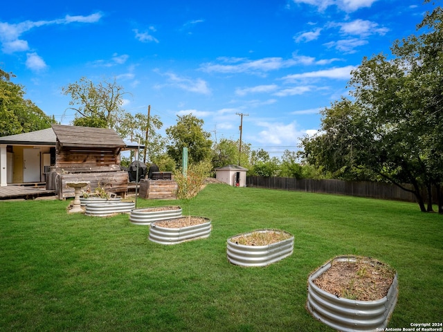 414 E Hathaway Dr, San Antonio, TX 78209 - view of yard with fence, an outbuilding, and a shed