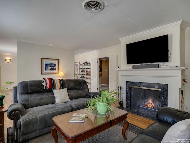 414 E Hathaway Dr, San Antonio, TX 78209 - living area featuring visible vents, ornamental molding, and a high end fireplace