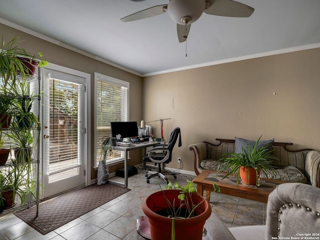 tiled office with ceiling fan and crown molding