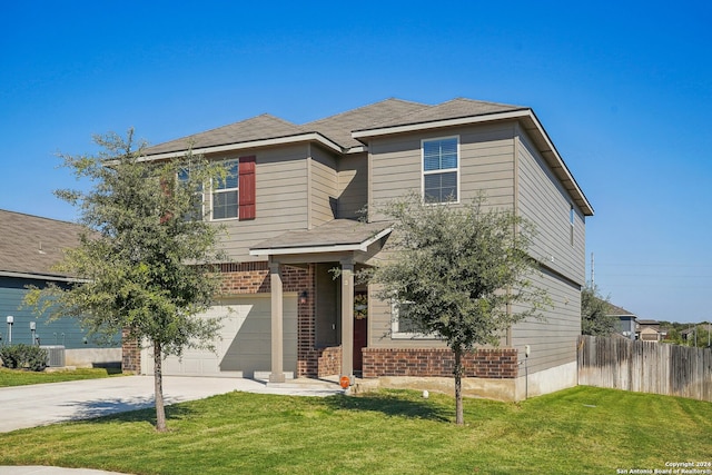 view of front of home with a front yard, a garage, and cooling unit