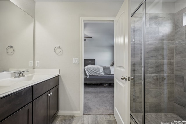 bathroom with vanity and a shower with shower door