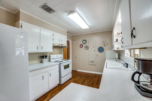 kitchen featuring dark wood-type flooring, ornamental molding, sink, white cabinets, and white appliances