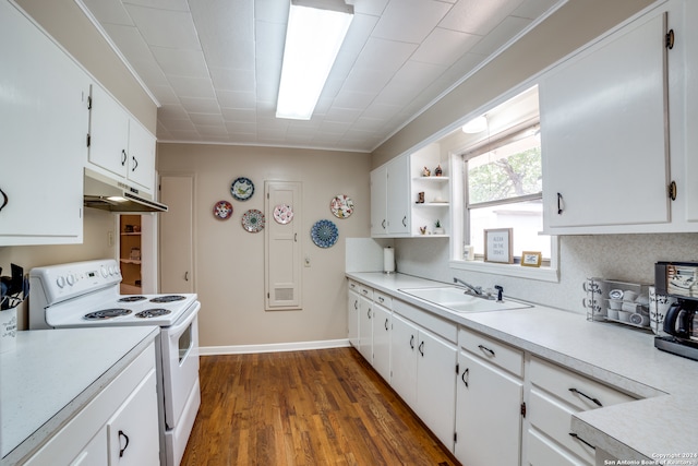 kitchen with dark wood-type flooring, sink, white range with electric stovetop, crown molding, and white cabinetry