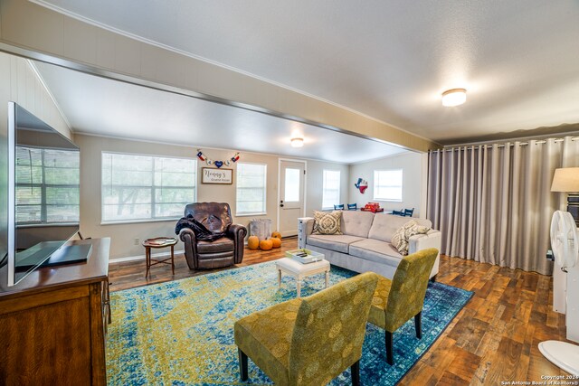 living room with dark wood-type flooring and ornamental molding