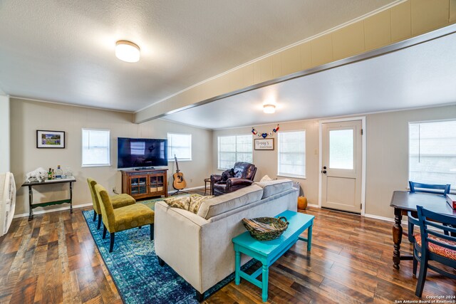 living room with beamed ceiling, a textured ceiling, and dark hardwood / wood-style floors