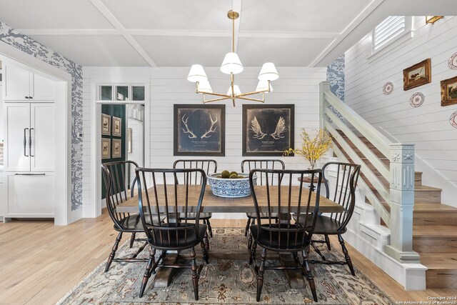 dining room with coffered ceiling, wood walls, wood-type flooring, and a chandelier