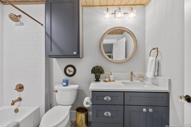 full bathroom featuring vanity, toilet, wood ceiling, and tiled shower / bath