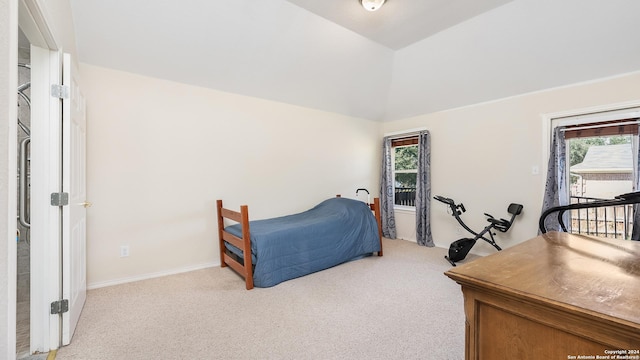 1042 Segovia, New Braunfels, TX 78130 - bedroom featuring light colored carpet, baseboards, vaulted ceiling, and multiple windows