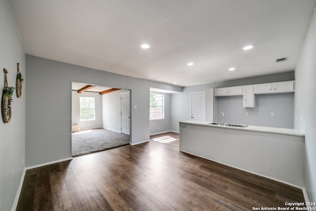 kitchen with dark wood-style flooring, visible vents, a sink, and white cabinetry