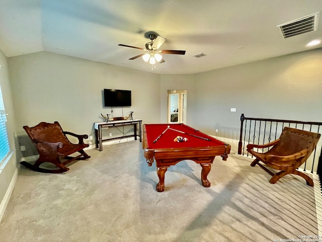 rec room with lofted ceiling, light colored carpet, billiards, and ceiling fan