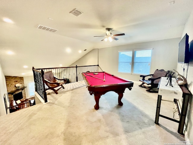 rec room with vaulted ceiling, pool table, light colored carpet, and ceiling fan