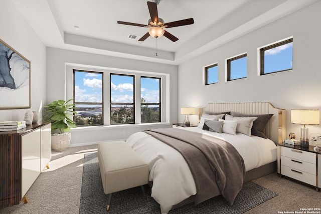 carpeted bedroom featuring a raised ceiling and ceiling fan