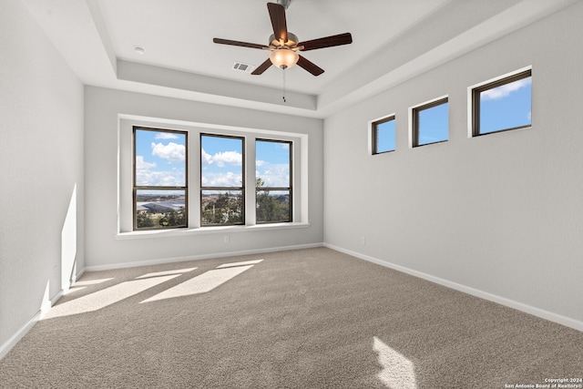 spare room with a raised ceiling, ceiling fan, and carpet flooring