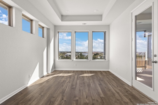 spare room with dark hardwood / wood-style floors and a tray ceiling