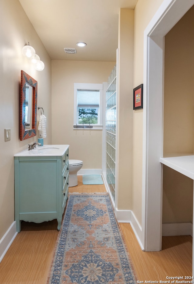 bathroom with toilet, vanity, and wood-type flooring