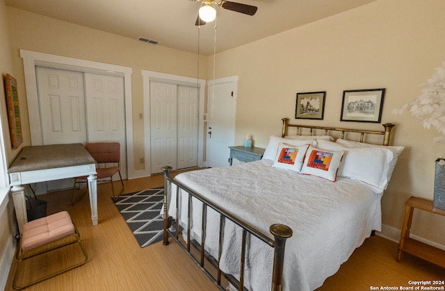 bedroom featuring ceiling fan and light wood-type flooring