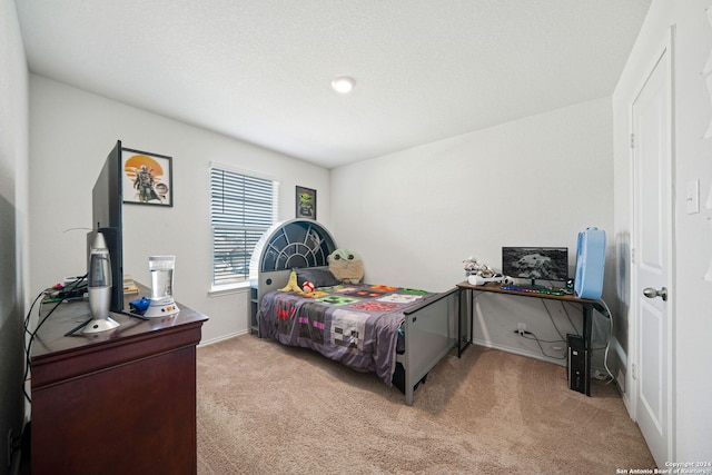 bedroom with light colored carpet