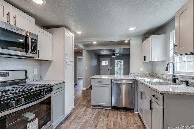 kitchen featuring plenty of natural light, stainless steel appliances, light wood-type flooring, and white cabinets