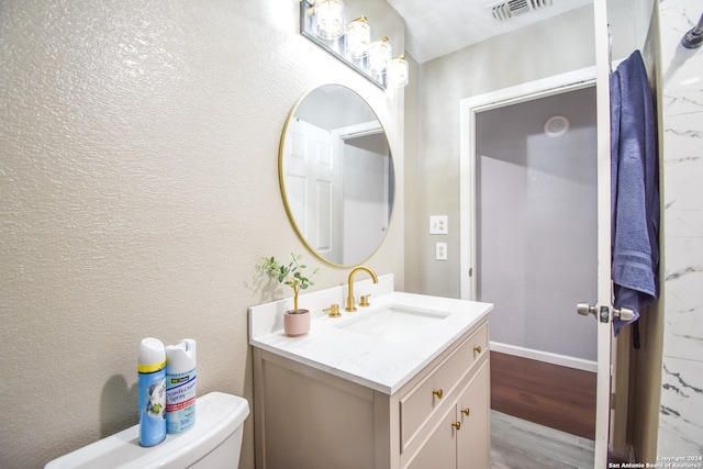 bathroom featuring toilet, vanity, and wood-type flooring